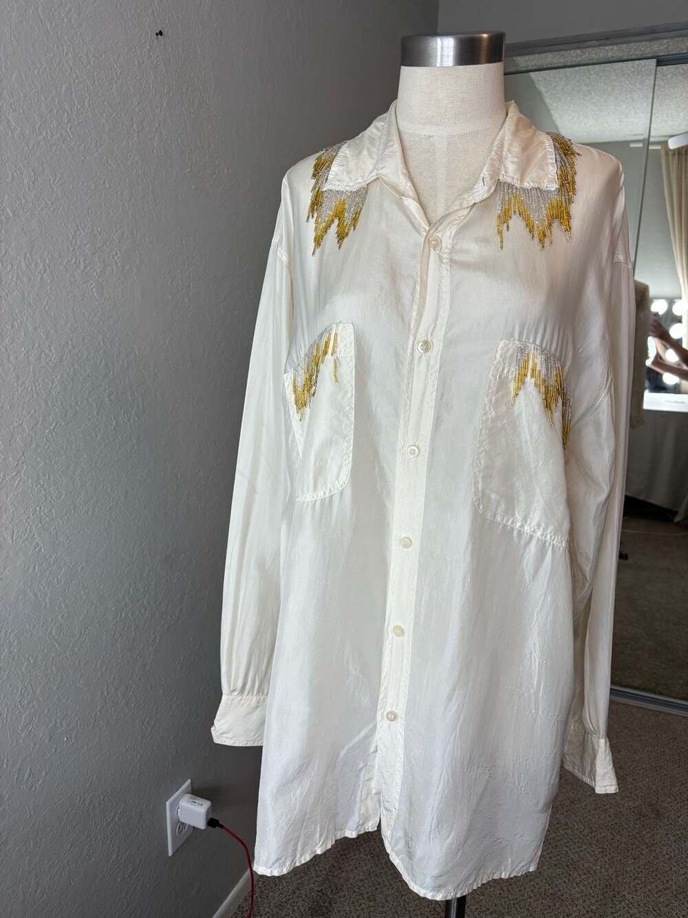 Reputation Vintage 100% Silk Beaded Fringe Button Down Shirt Size M